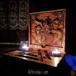 Altar madera Odín, cuervos Huginn y Munnin con Valknut